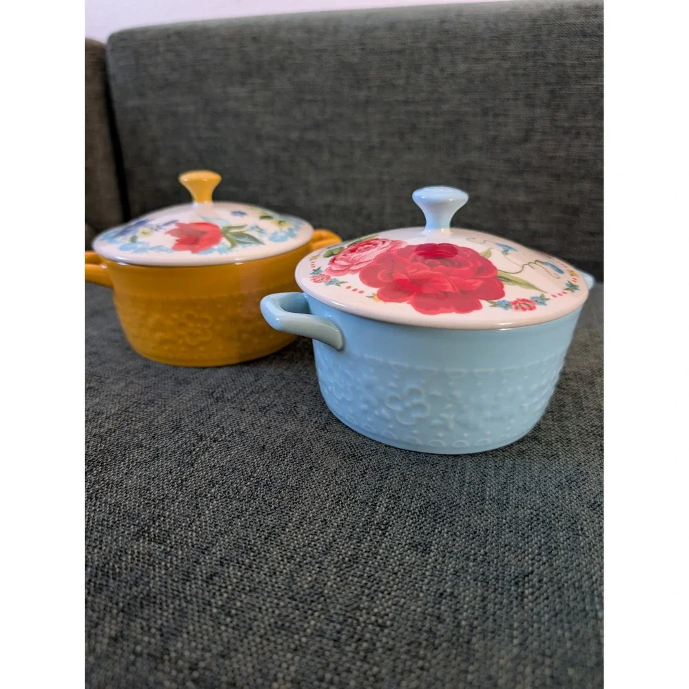 Pioneer Woman Stoneware Mini Cocottes Set of 2 Floral Lidded Casserole Cottage